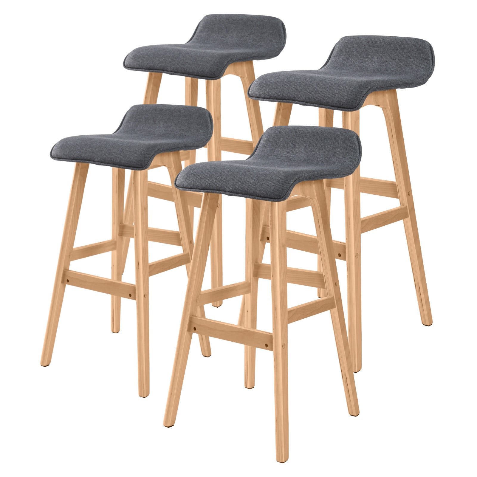 4x 74cm Wooden Bar Stools Soft Fabric - Charcoal Grey