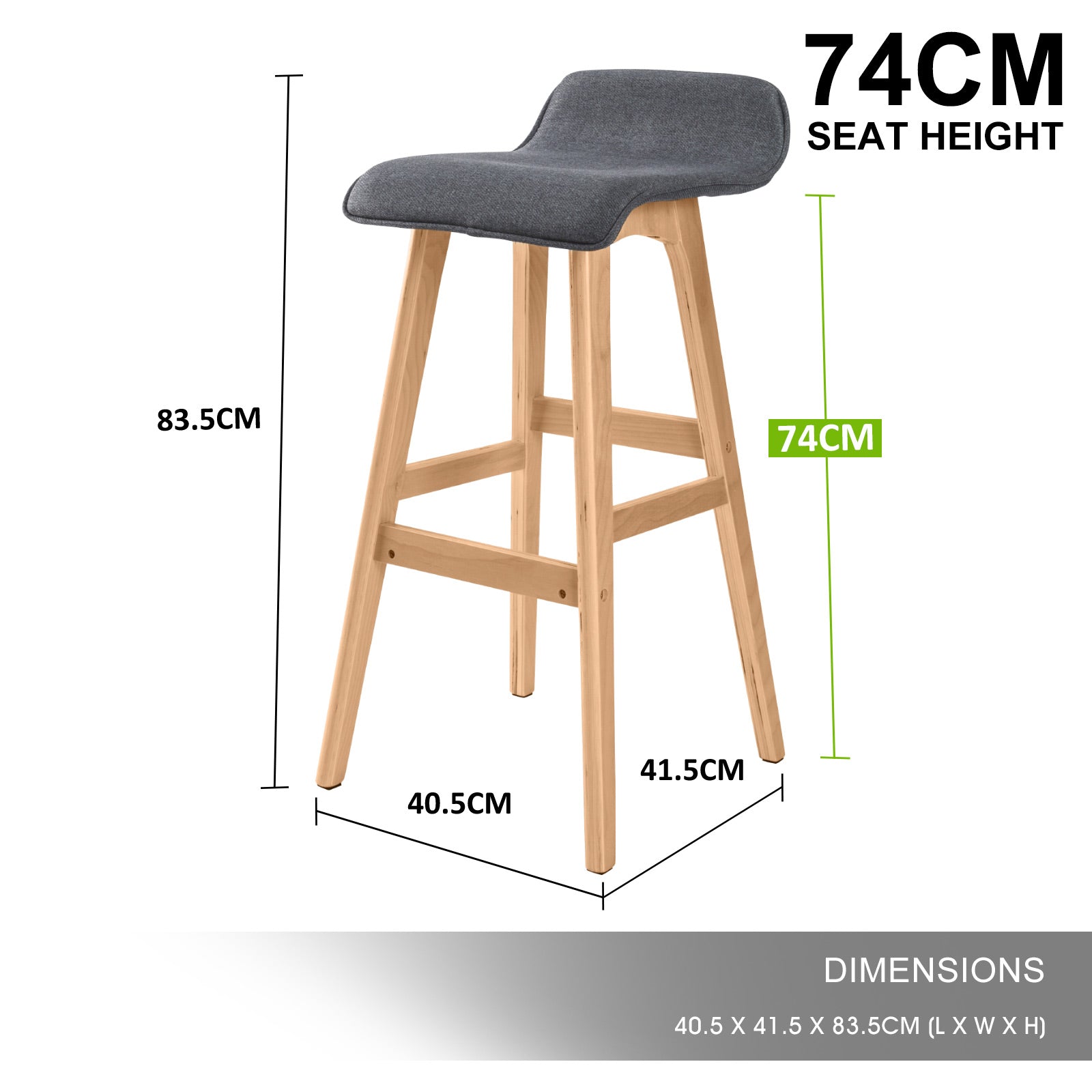 4x 74cm Wooden Bar Stools Soft Fabric - Charcoal Grey