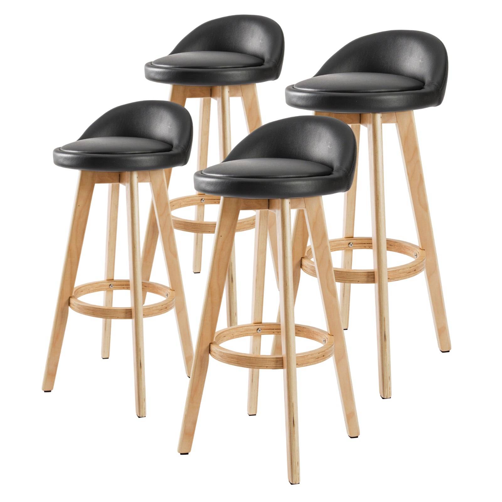 4x 72cm Swivel Wooden Bar Stools PU Leather - Black