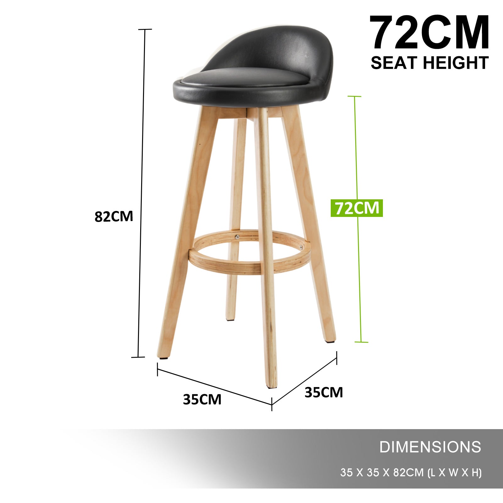 4x 72cm Swivel Wooden Bar Stools PU Leather - Black