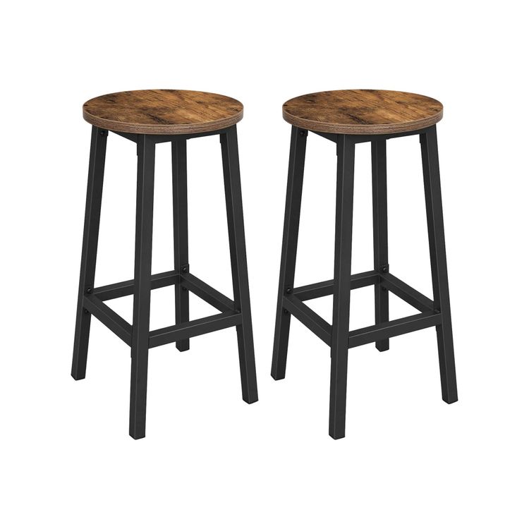 2x Wooden Metal Backless Bar Stools Steel Frame 65 cm - Rustic Brown & Black