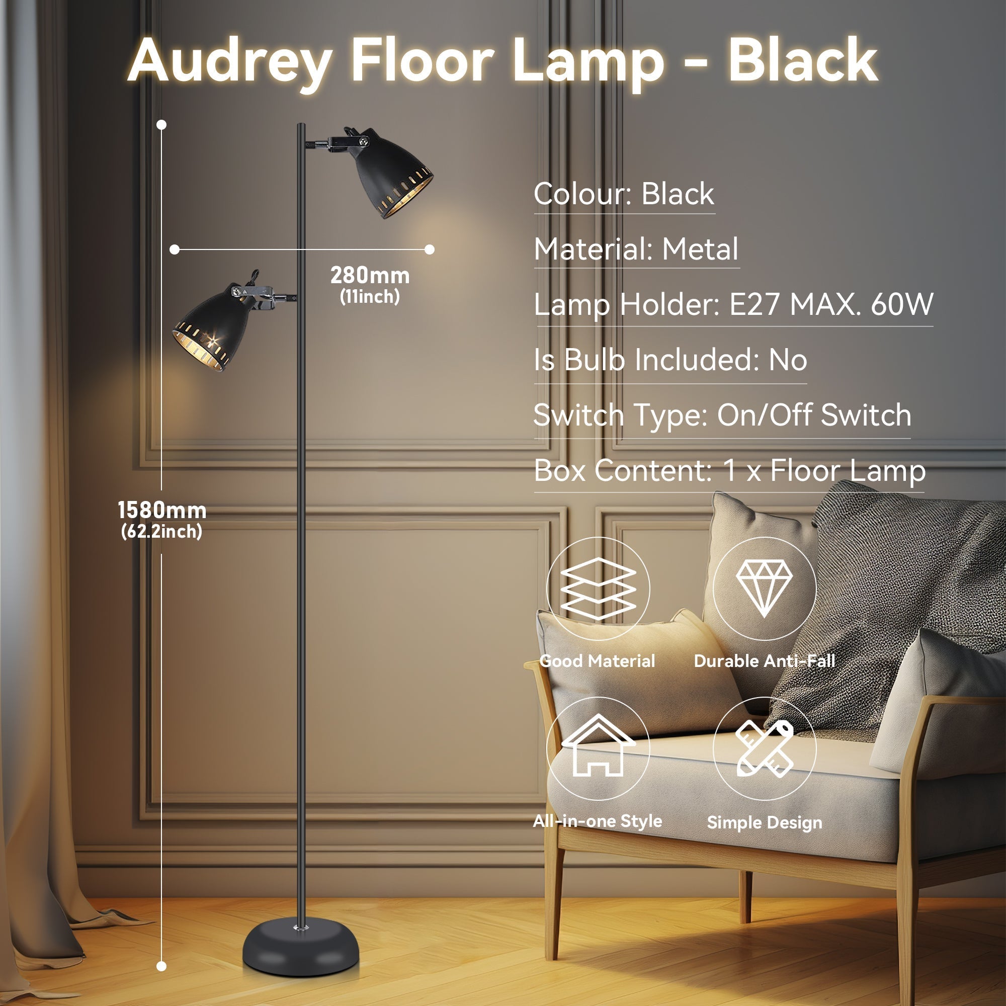 Metal Frame and Bulb Socket Floor Lamp - Black